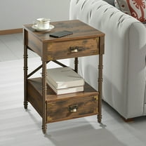 VECELO Wooden Nightstand with 2 Drawers, Industrial End Table for Bedroom/Living room, Brown