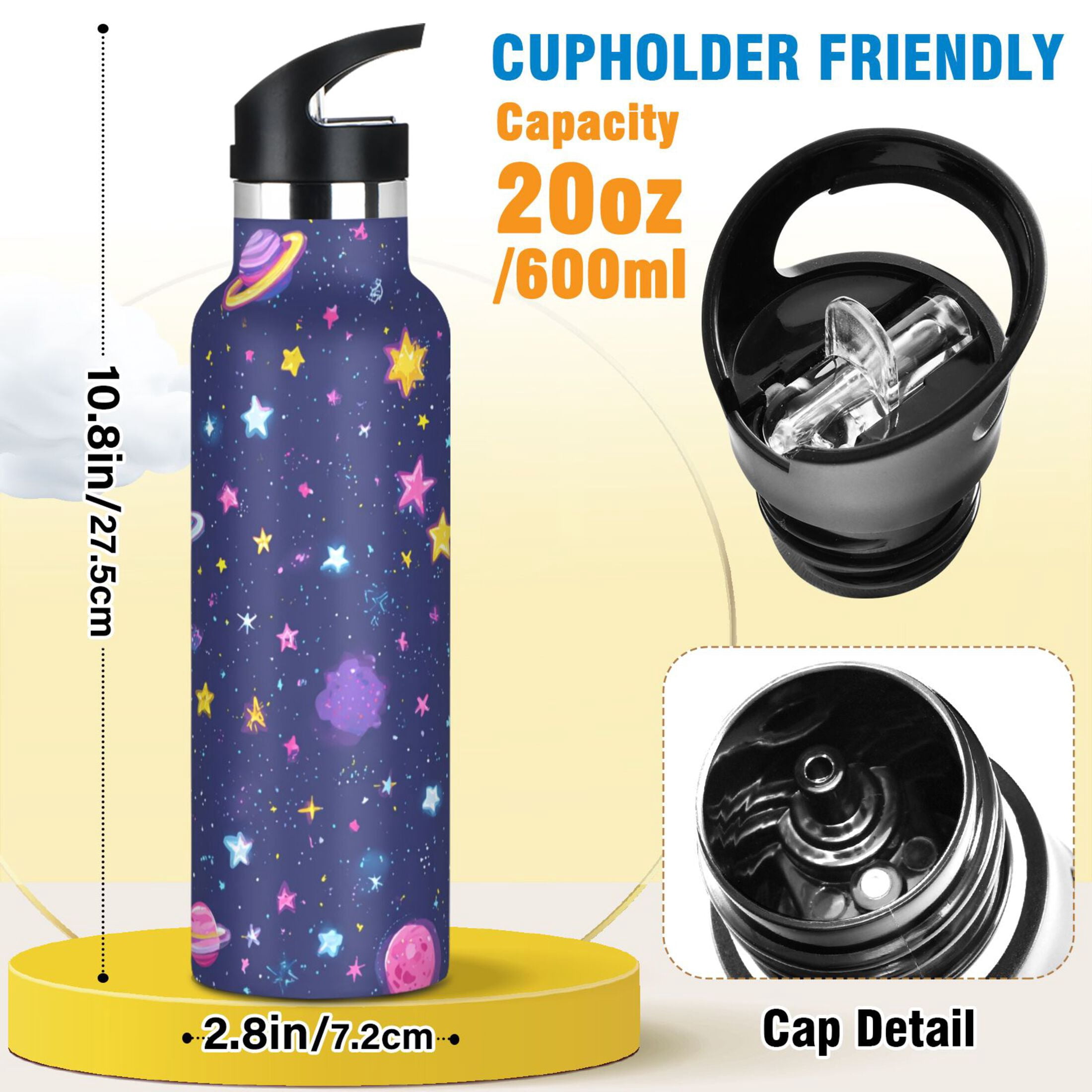 Kids Insulated Stainless Steel Sports Water Bottle 600ml Colorful Stars and Planets Pattern