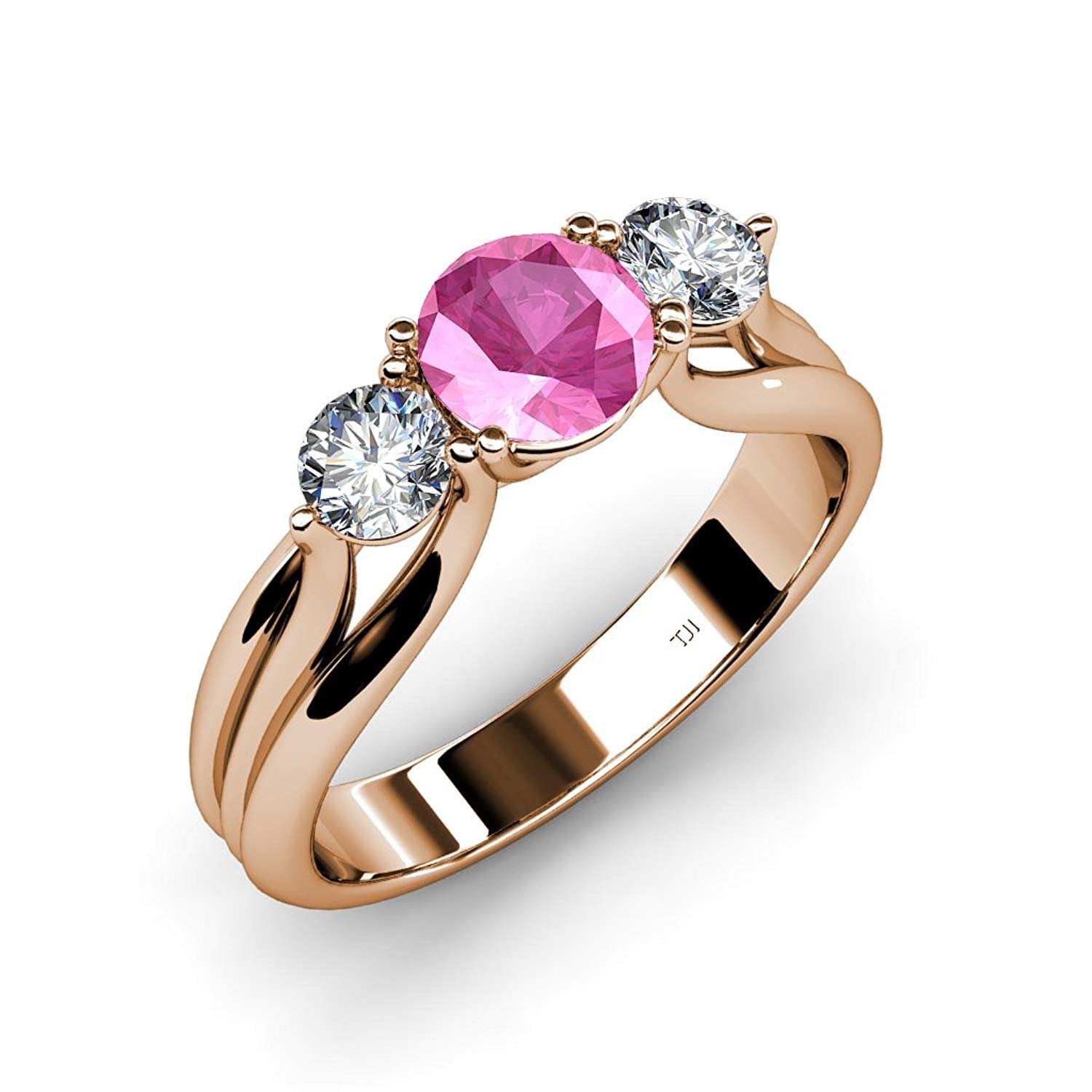 Pink Sapphire and Diamond Three Stone Ring with Thick Shank 1.44 ct tw in 14K White Gold.size 6.5 by TriJewels