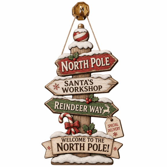 Christmas Wooden Door Hanging Sign Snowy North Pole Signpost Wood Front Door Hanging for Holiday Homes