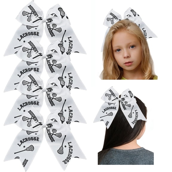 JoyBowie 8 Inch Lacrosse Print Cheerleading Grosgrain Hair Bows with Elastic Bands, White, 4 Pack for Girls