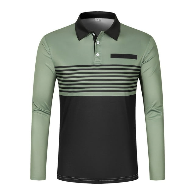 HBFAGFB Mens Long Sleeve T Shirts Lapel Button Down Color Block Tops Trendy Pullover Blouse Green Size L
