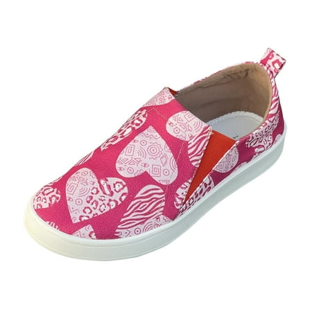 OJSFQUFP Womens Casual Shoes Women s Valentine s Day Printed Casual Comfortable Round Toe Slip On Flat Canvas Shoes Womens Shoes Flats Pink 41