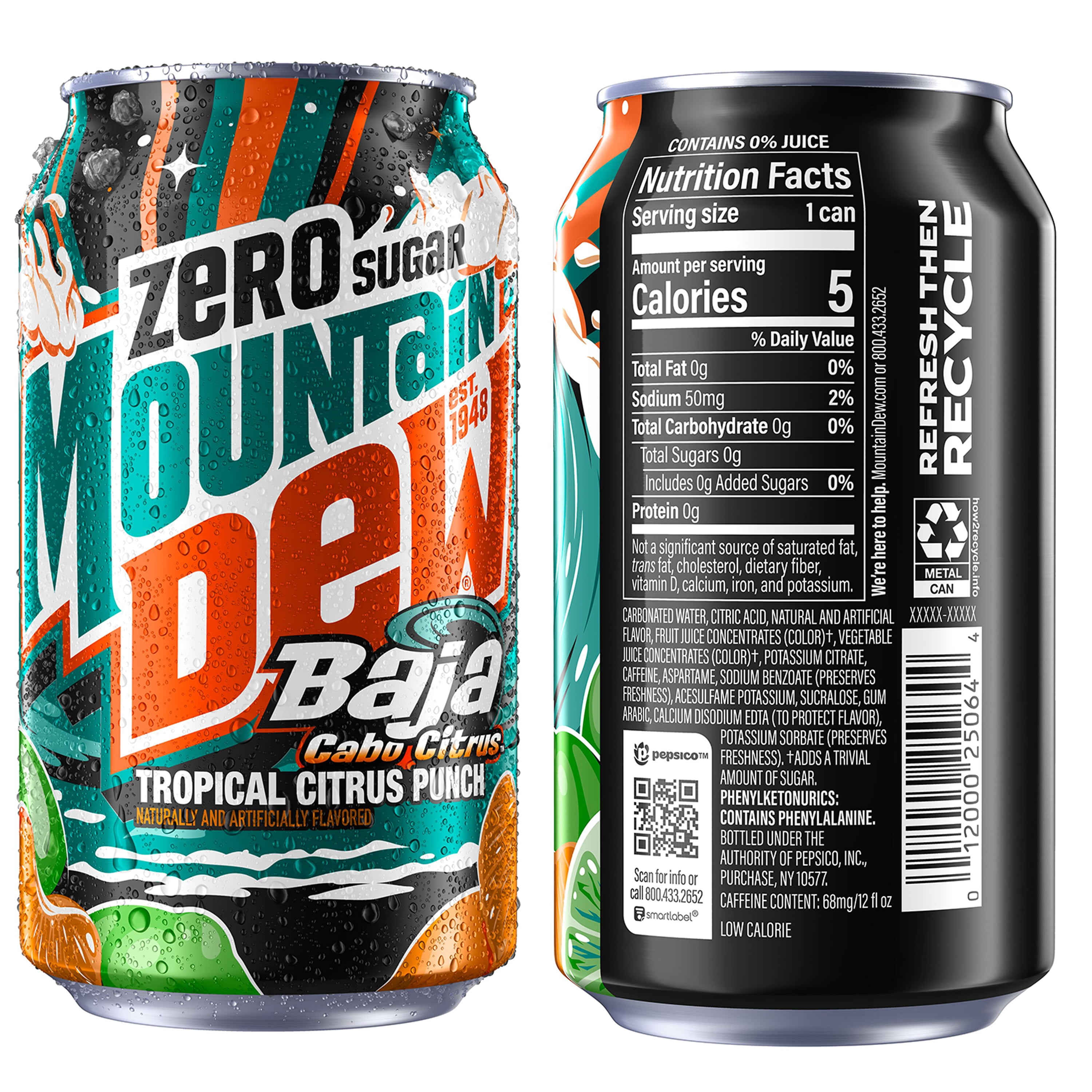 Mountain Dew Zero Sugar Baja Blast Cabo Citrus Soda, 12 fl oz Cans, 12 pack