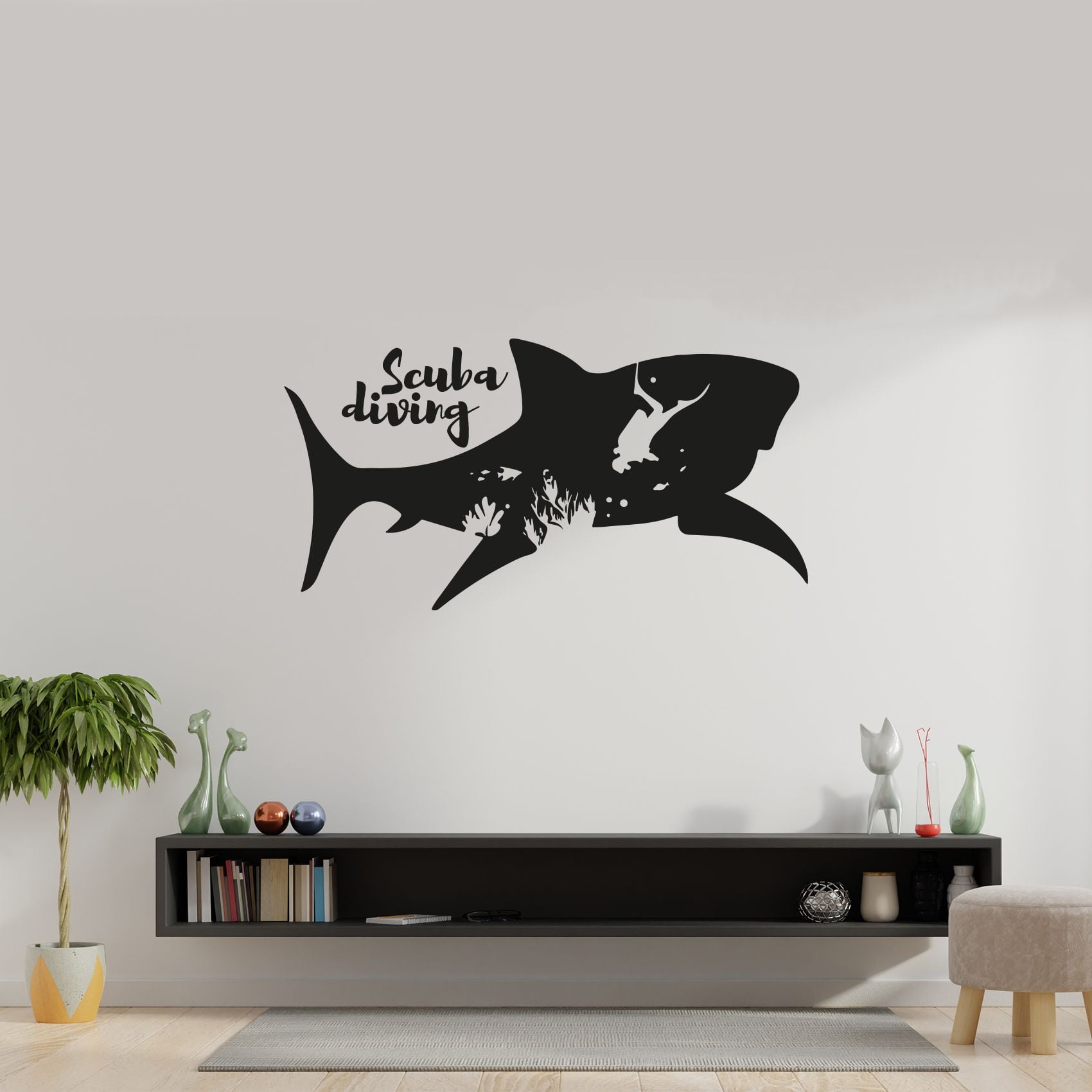Scuba diving Fun Hobby Underwater Activity Adventure Diver Shark Silhouette Vinyl Wall Art Sticker Wall Decal Home Gym Underwater Equipments Wall Décoration Design Wall Décor Decal Size (24x40 inch)