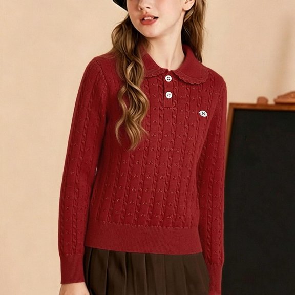 Girls Sweater Cable Knit Peter Pan Collar Button Placket Soft Lightweight Long Sleeve Jumpers (Red)