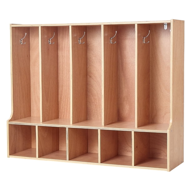 Armario infantil VEVOR de 5 secciones, organizador de almacenamiento de madera para niños pequeños con 10 ganchos y alfombrilla antideslizante, con 5 pequeñas cajas de almacenamiento abiertas