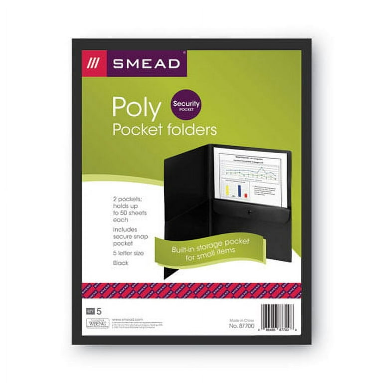 Poly Two-Pocket Folder with Snap Closure Security Pocket, 100-Sheet Capacity, 11 x 8.5, Black, 5/Pack Poly Two-Pocket Folder with Snap Closure Security Pocket, 100-Sheet Capacity, 11 x 8.5, Black, 5/Pack