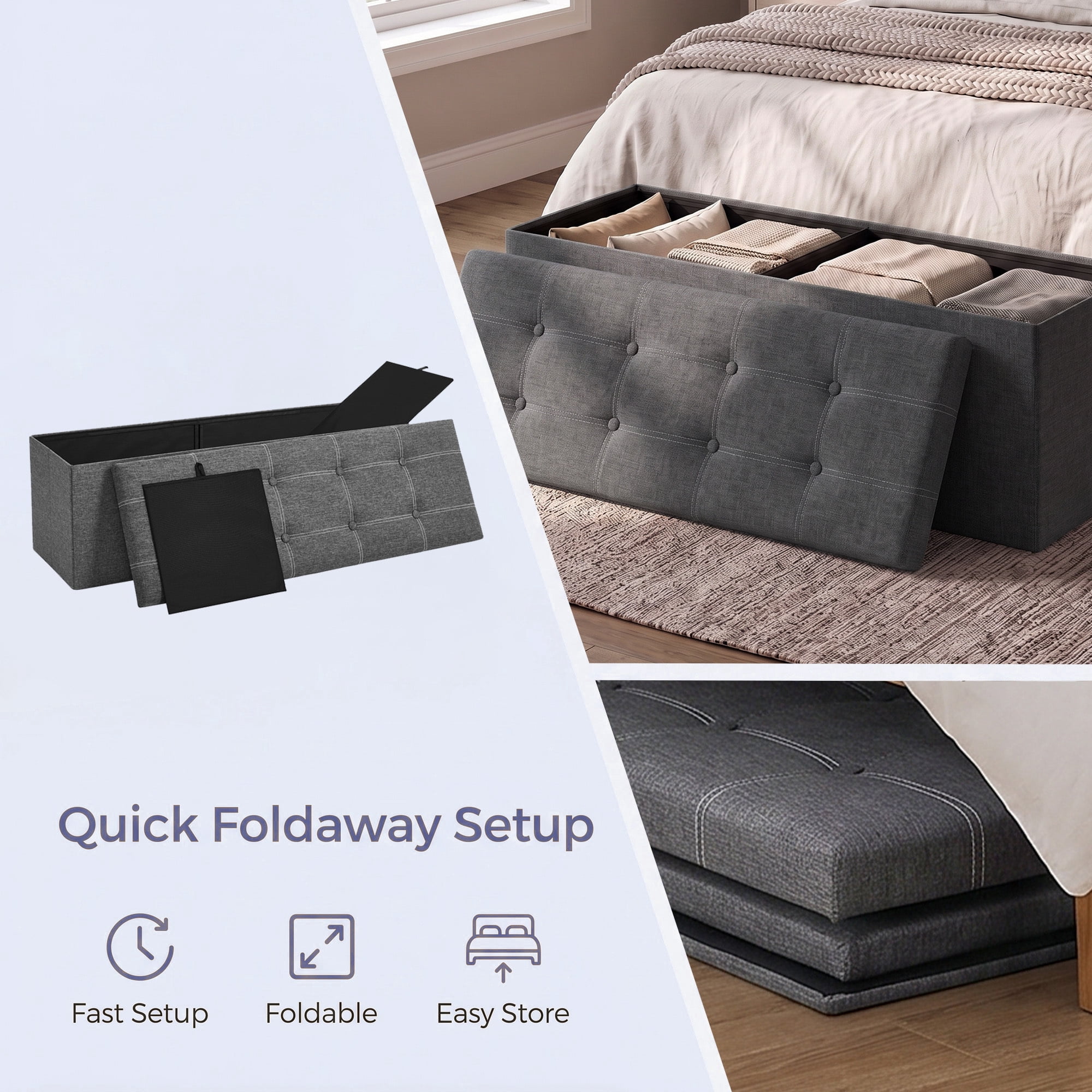 Ledrem Extra Large Storage Ottoman Bench, Dark Gray Linen-Look Fabric, 43" Wide, 35 Gal Capacity, 660 lb Weight Capacity