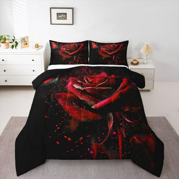 Homewish Valentine'S Day Theme Bedding Comforter Set,Romantic Red Rose Twin Comforter Sets,Chic Flower Floral Bedding Set For Adults,Ultra Soft Home Decor Reversible,2 Pieces