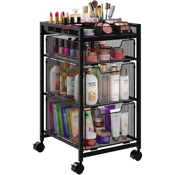 XCOSRACK Heavy Duty Metal Rolling Makeup Cart Organizer with 3 Drawers, Premium Skincare Storage Utility Cart with DIY Dividers & Lockable Wheels for Vanity and Hair Tools, Black