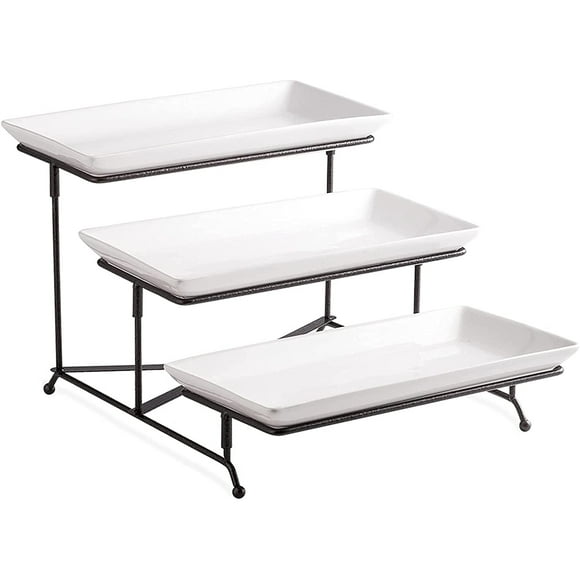 LAUCHUH 3 Tier Serving Stand Collapsible Sturdier Rack with 3 Porcelain Serving Platters Tier Serving Trays for Fruit Dessert Presentation Christmas Party Display Set, 12 Inch