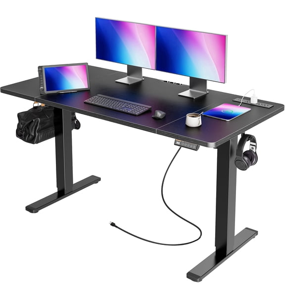 Amadwell 55" Electric Height Adjustable Standing Desk, 27.6" Deep Work Table with Power Outlets, Home Office Desk