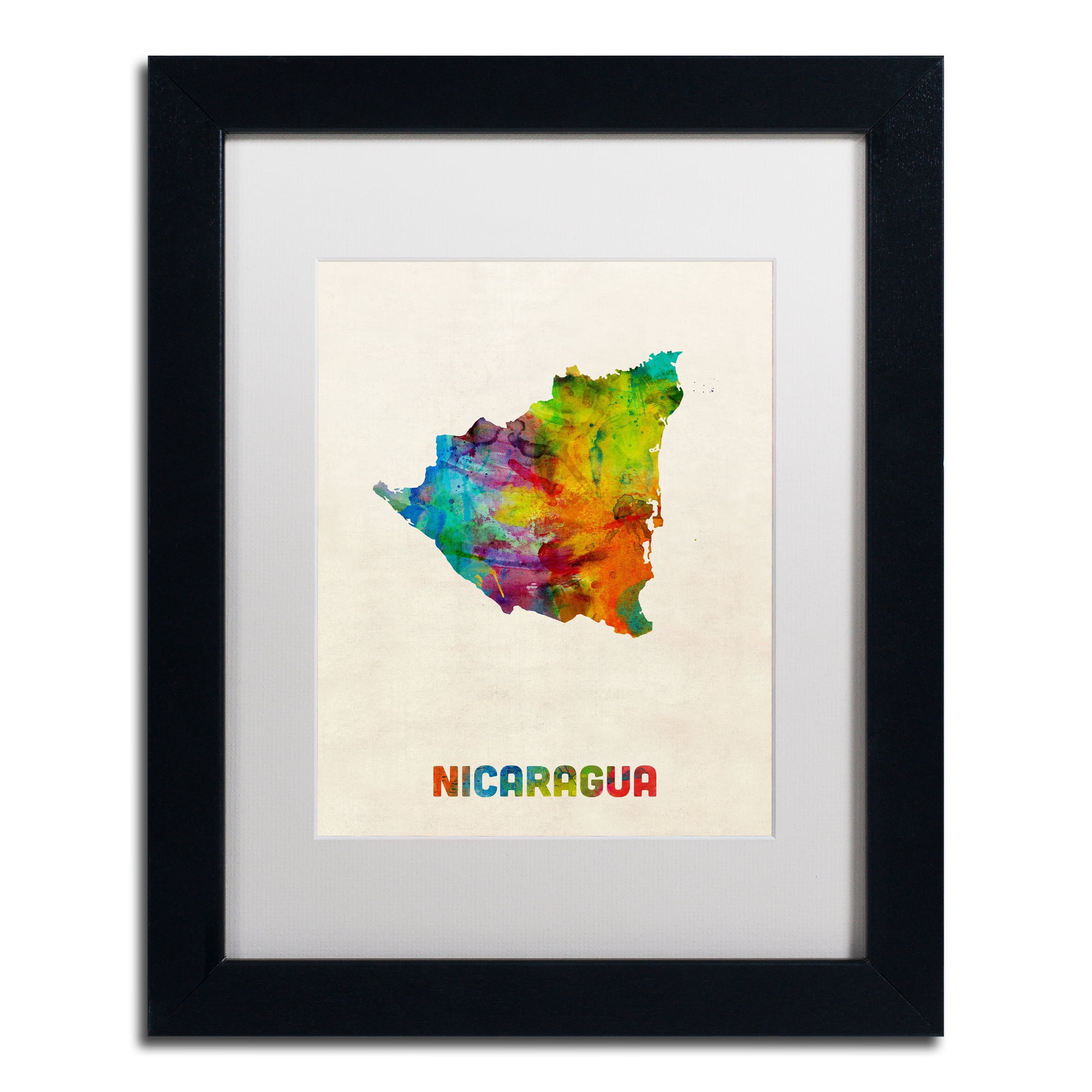 Trademark Fine Art ''Nicaragua Watercolor Map'' by Michael Tompsett 16" x 20" White Matted Black Frame (MT0749-B1620MF)