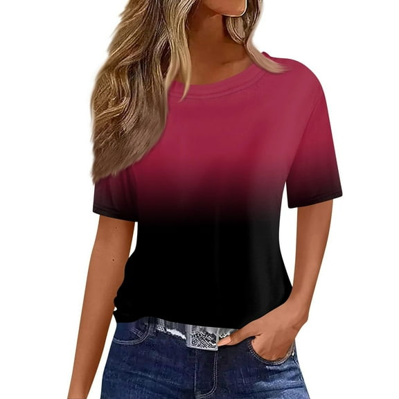 Tee Tops for Women Trendy Gradient Print Short Sleeve Pullover T-Shirts Classic Fit Pullovers Casual Summer Outfits Clothes 2025