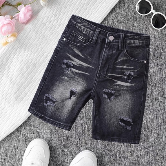 Byoo Toddler Boys' Retro Distressed Denim Shorts Black Washed Button Fly Streetwear Ripped Jean Trunks