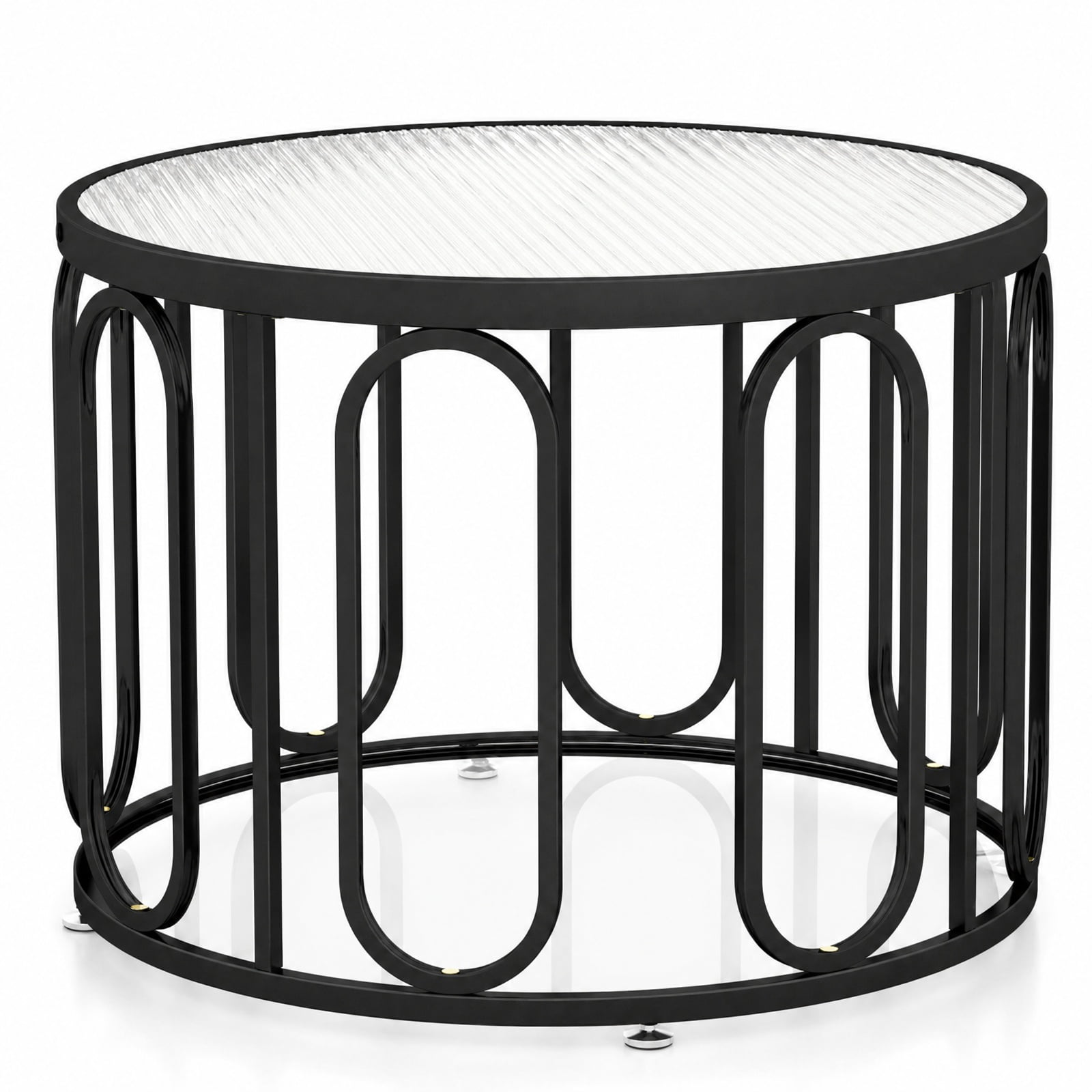 Furnibear 24 Inch Round Coffee Table with Reeded Tempered Glass Top and Oval Swivel Brackets a Modern Small Living Room Glass Center Table, Black