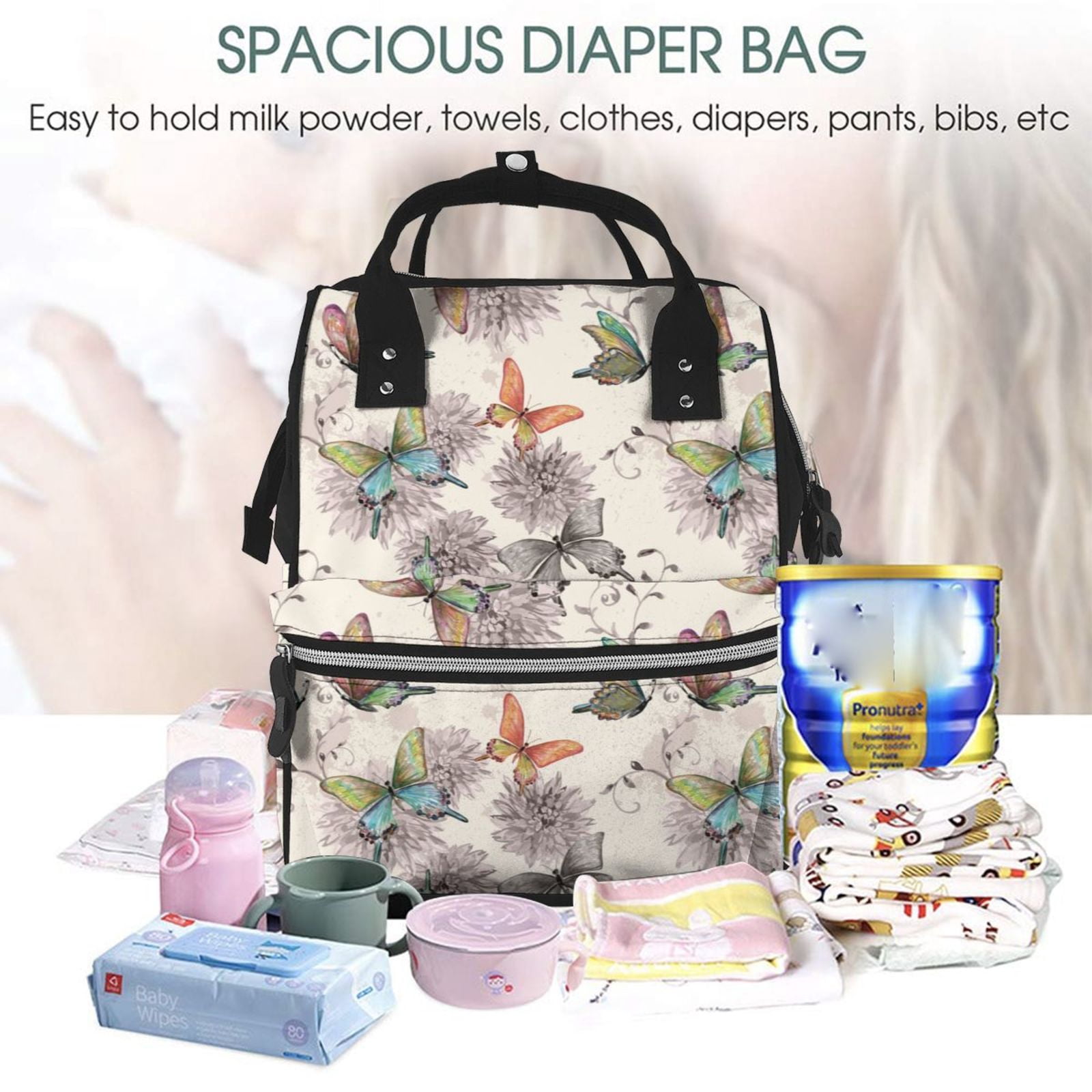 Ratiio Flying Butterflies-1 Mummy Backpack - Waterproof Twill Canvas, Large Capacity Diaper Bag with Multiple Pockets and Adjustable Straps