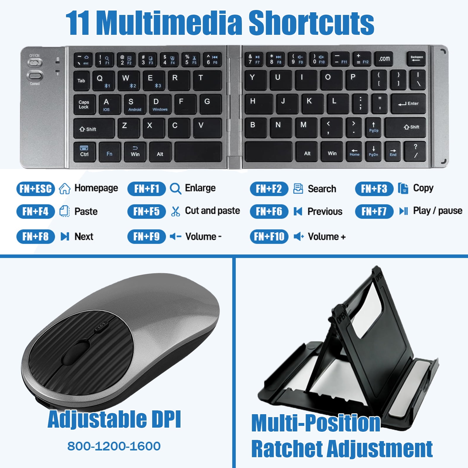 RONY Foldable Wireless Bluetooth Keyboard & Mouse Combo: Ultra-Slim Rechargeable Portable Travel Keyboard Set for iPad iPhone Laptop Tablet Windows Android Mac (Grey)