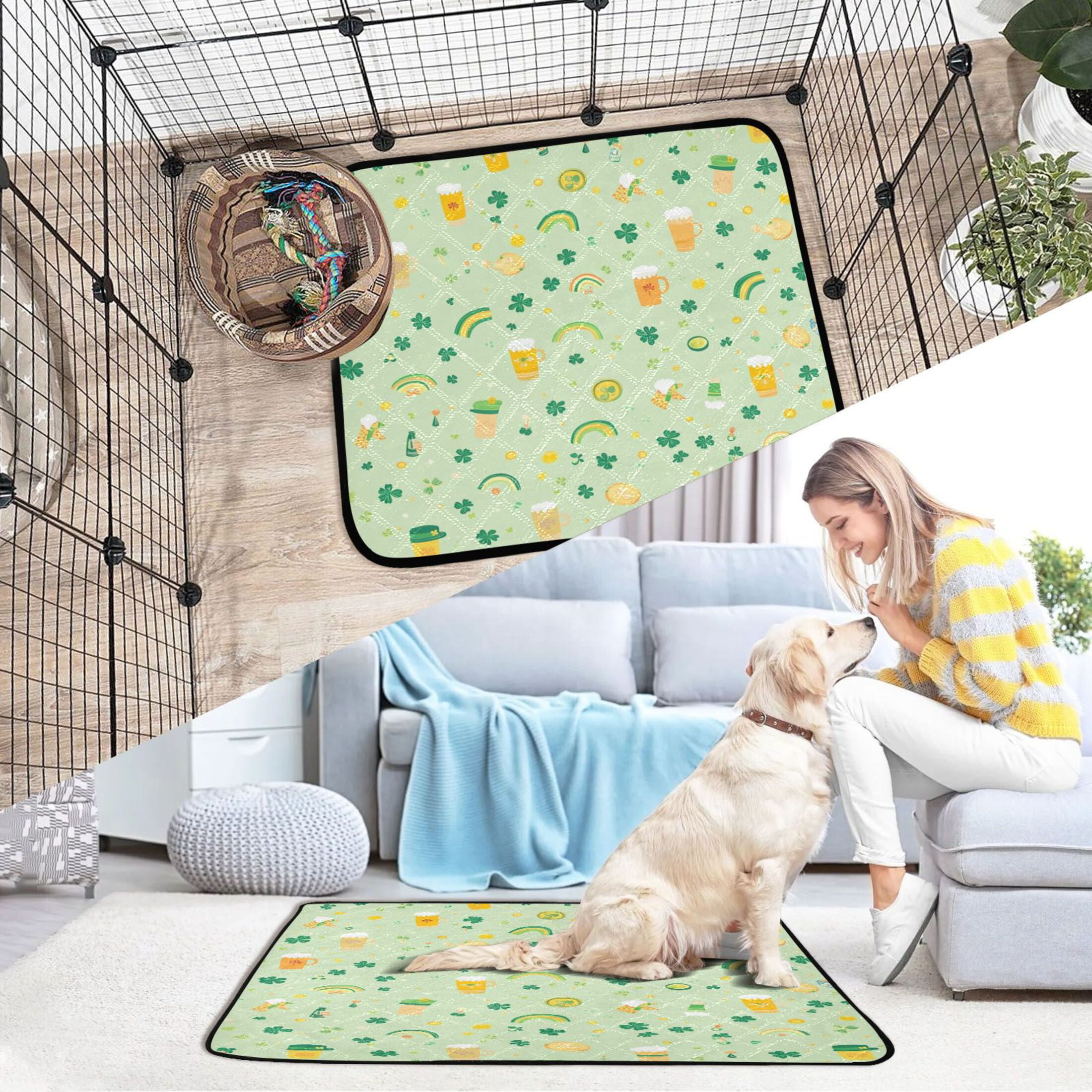 Qxltty Pattern with Rainbows Shamrocks and Leprechaun Hat Cat litter Pads Pet Set of 2 Diaper Mats Center Anti-leakage Layer Absorbent Soft and Comfortable