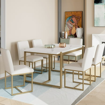 Modern Dining Table Set for 6 Faux Marble Kitchen Table Set with 6 Upholstered Dining Chairs, 7-Piece, White Golden