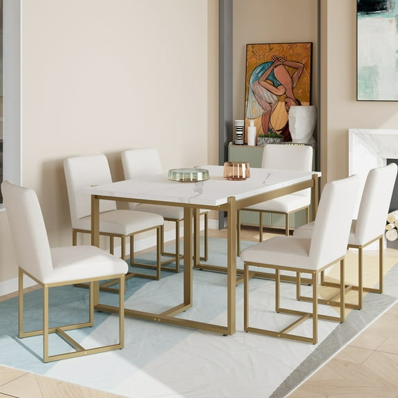 Modern Dining Table Set for 6 Faux Marble Kitchen Table Set with 6 Upholstered Dining Chairs, 7-Piece, White Golden