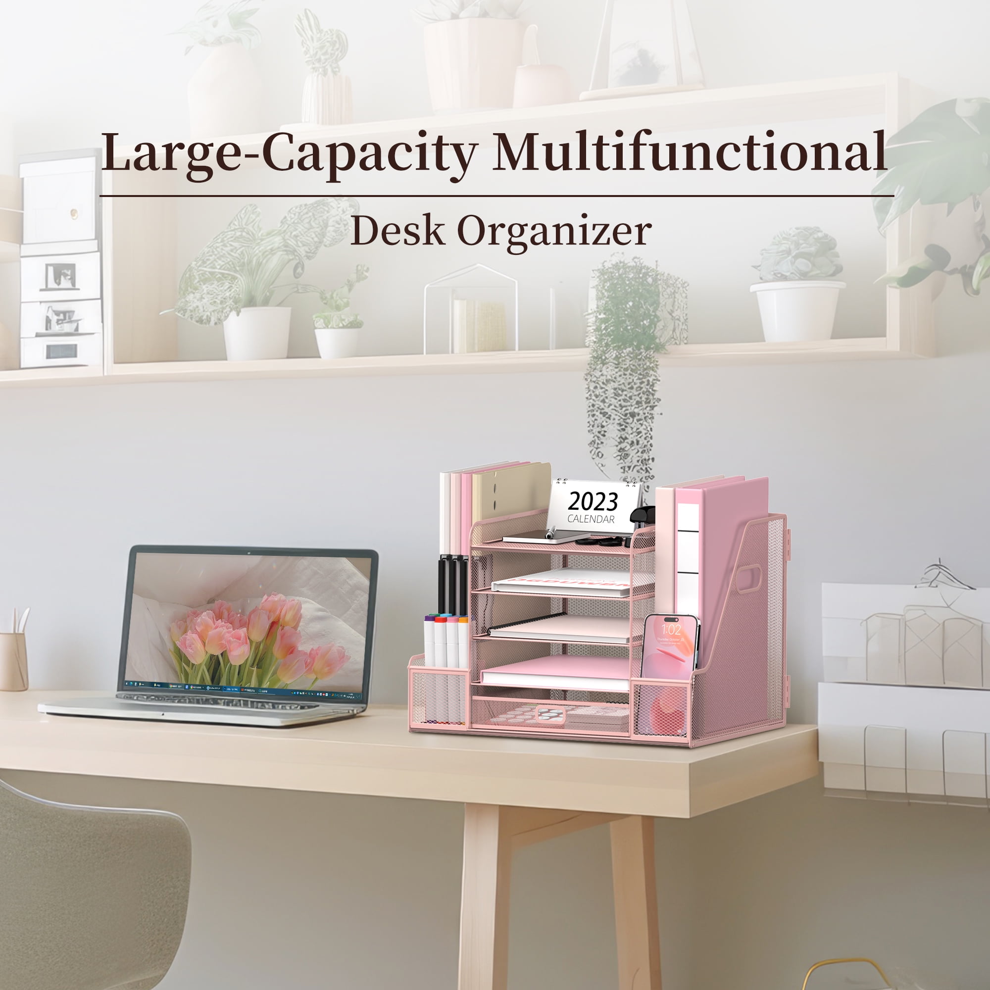 INTIGE 5-Tier Metal Desktop Organizer with 2 Pencil Holder, 1 Drawer, 2 File Storage, Handle, Pink