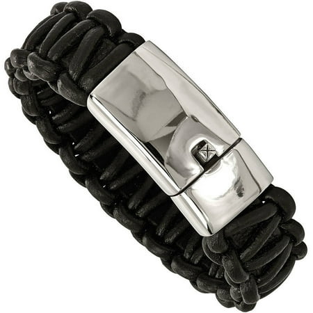 Primal Steel Stainless Steel Polished Rounded Braided Black Leather Bracelet