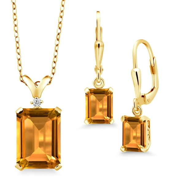 Gem Stone King 11.52 Ct Yellow Citrine 18K Yellow Gold Plated Silver Pendant and Earrings Jewelry Set