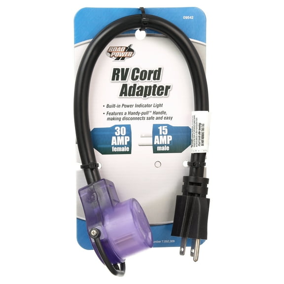 Road Power 09542 14/3 STW 15 to 30-Amp RV Adapter Extension Cord with Lighted End, 18-Inch, Black