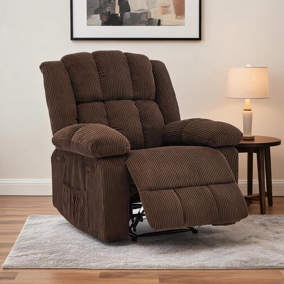 Manual Recliner Chair for Adults, Extra Wide Corduroy Upholstered Reclining Chair with Footrest, 155° Ergonomic Recliner Armchair with Side Pocket for Living Room, Bedroom,Brown