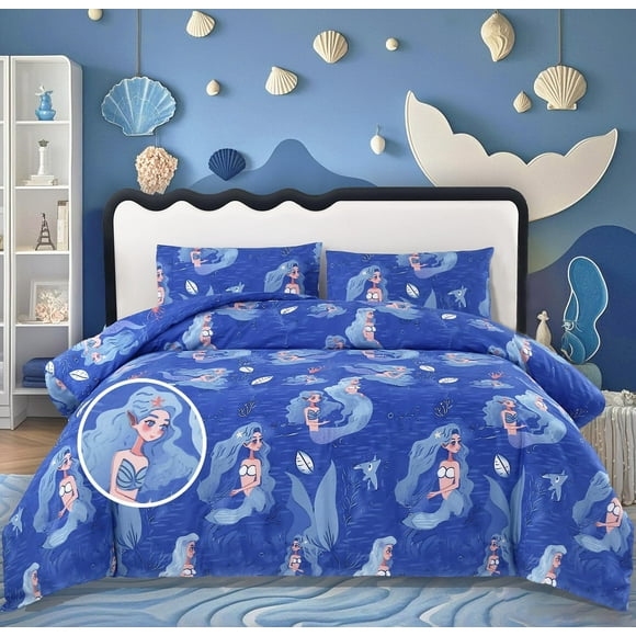 Juego de edredón doble con diseño de sirena, 3 unidades, de MAG, microfibra azul, 175 x 229 cm