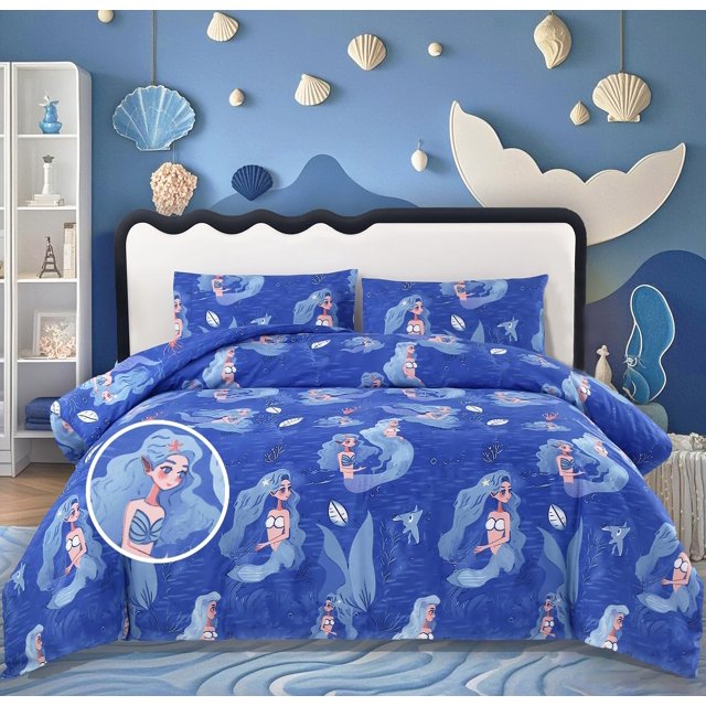 Juego de edredón doble con diseño de sirena, 3 unidades, de MAG, microfibra azul, 175 x 229 cm