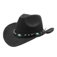 thumbnail image 2 of Unisex Western Cowboy Hat with Turquoise Bead Band, Classic Wide Brim Faux Wool Felt Fedora Hat for Costume Party and Outdoor Daily Wear,Black, 2 of 4