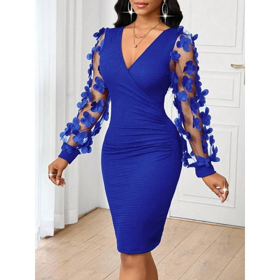 Royal Blue Floral Mesh Sleeve Ruched V-Neck Fitted Midi Dress For Women