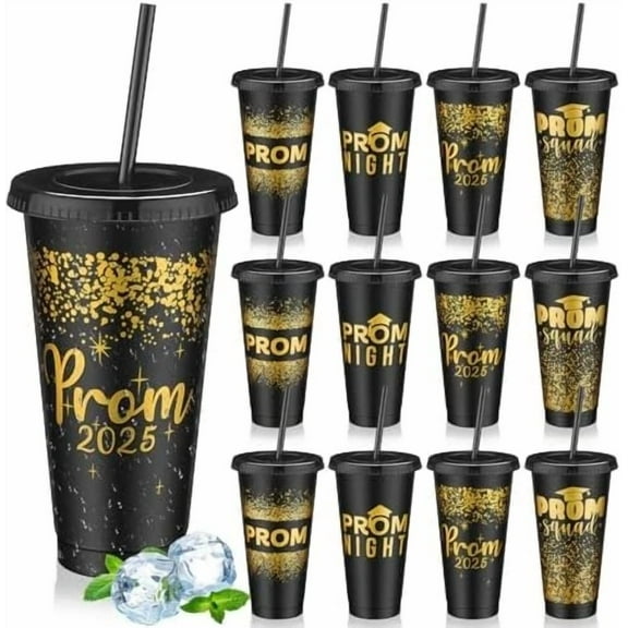 Graduation Prom 2025 Plastic Tumblers, 24 Oz, Black Gold