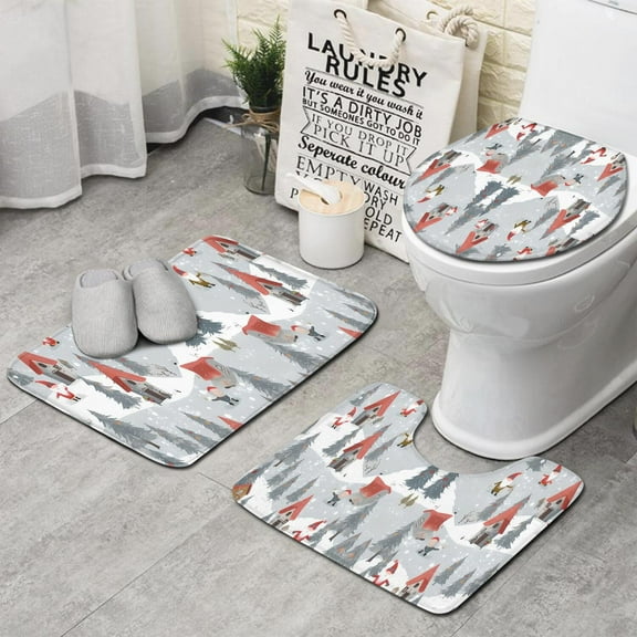 Gray Christmas Gnome Village Pattern Bathroom Rugs Sets 3 Piece,Toilet Cover Set,Absorbent Non Slip Bathroom Mats Sets with U-Shaped Contour Rug Toilet Rug Set
