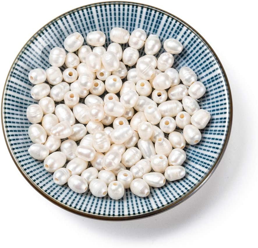 100pcs Large Hole Pearl Beads 7-10mm Natural Cultured Freshwater Pearl Loose Beads Natural Oval Pearls for Leather Cord Beading Jewelry Making DIY Crafts Hole: 1 8mm