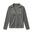 thumbnail image 4 of thefmos Women's V Neck Collared Long Sleeve Velvet Blouse Loose Fit Solid Color Casual Top Fashion Fall Winter Outfit, Gray S, 4 of 7