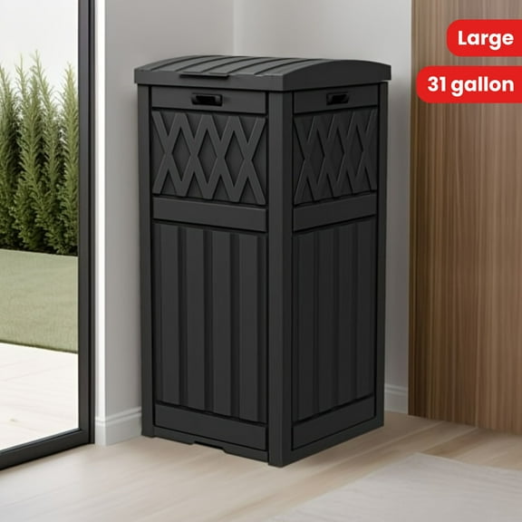 Serenity Abode Large 31 Gallon Resin Outdoor Bin- Concealed Waste Storage via Multilevel Lid