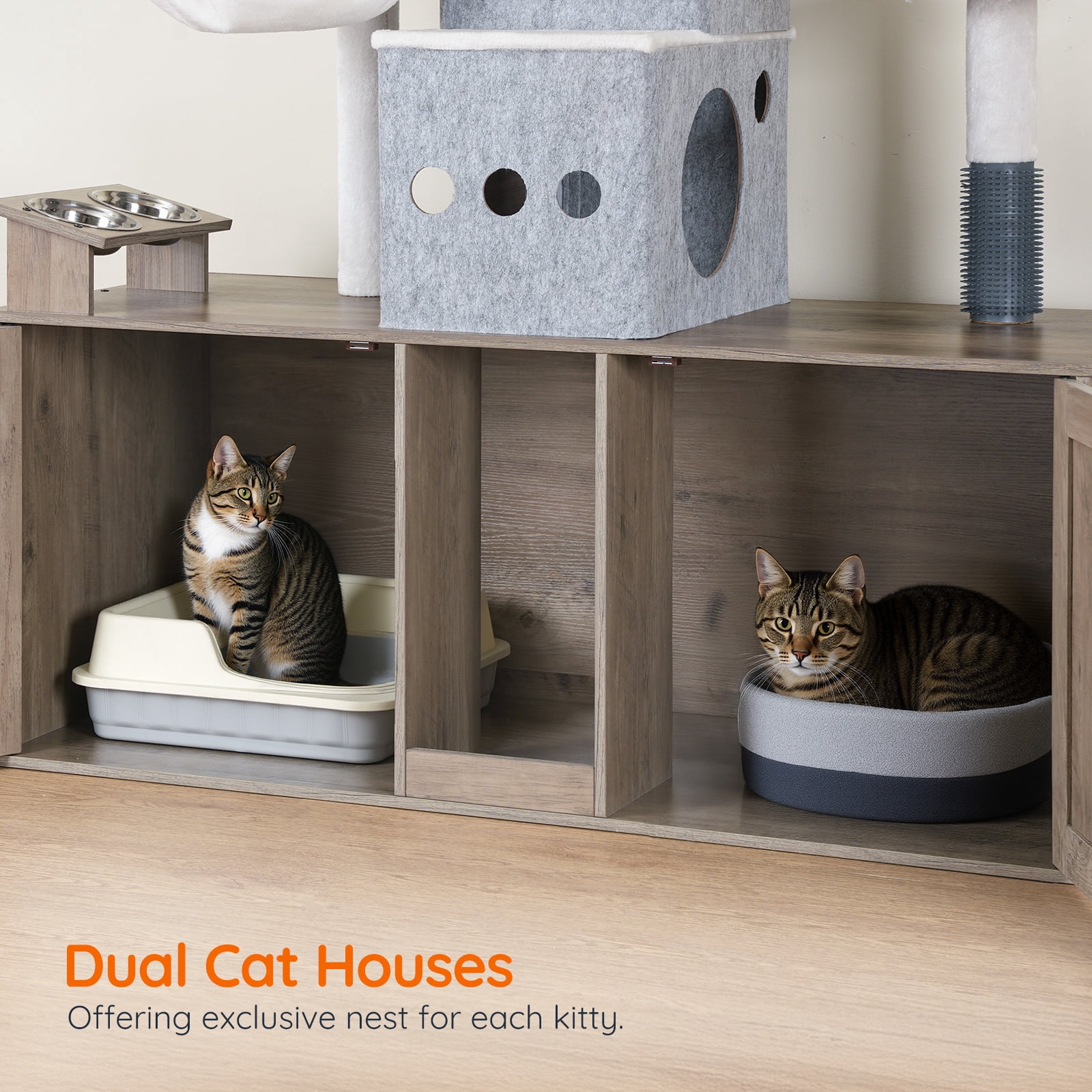 HOOBRO Cat Tree with Dual Litter Box Enclosure, Feeding Bowls, Scratching Posts & Hammocks, Greige