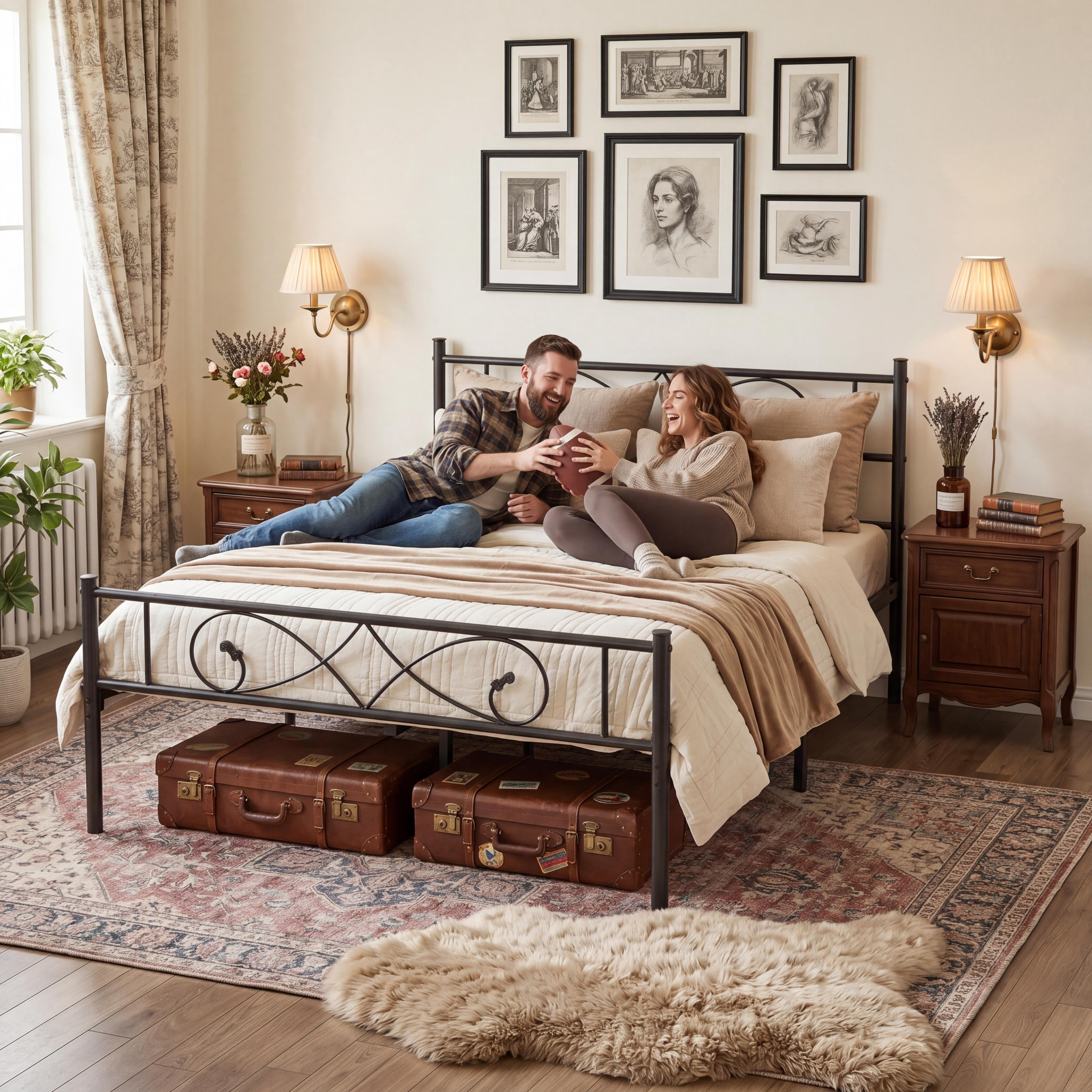 King Size Metal Platform Bed Frame with Fist Headboard, Under Bed Storage, Noise-Free Design, No Box Spring Required, Easy Assembly, Black Finish
