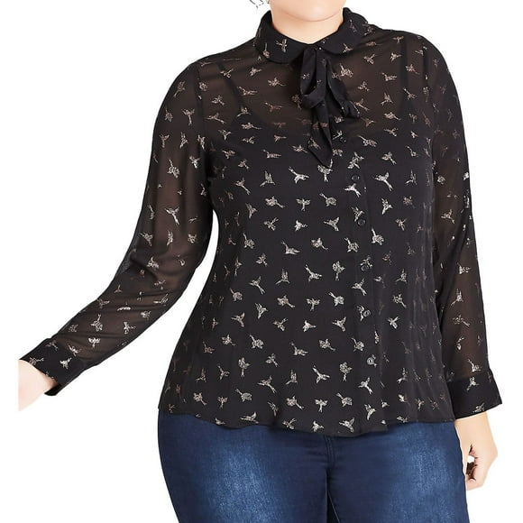 City Chic Womens Sheer Dove Button Down Blouse, Black, Plus Size, S/16W