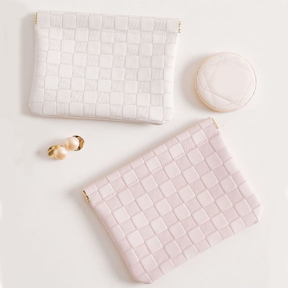 Luoshdecor Leather Pocket Cosmetic Bag,Travel Plaid Coin Purse Travel Toiletry Bags Gift for Women