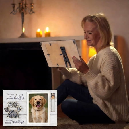 GOFLIC Wooden Memorial Photo Frame with Glass Bottle for Pet Hair 11.8x7.9in Double Frame for Deceased Pet Wall Mount or Tabletop White Brown Wood