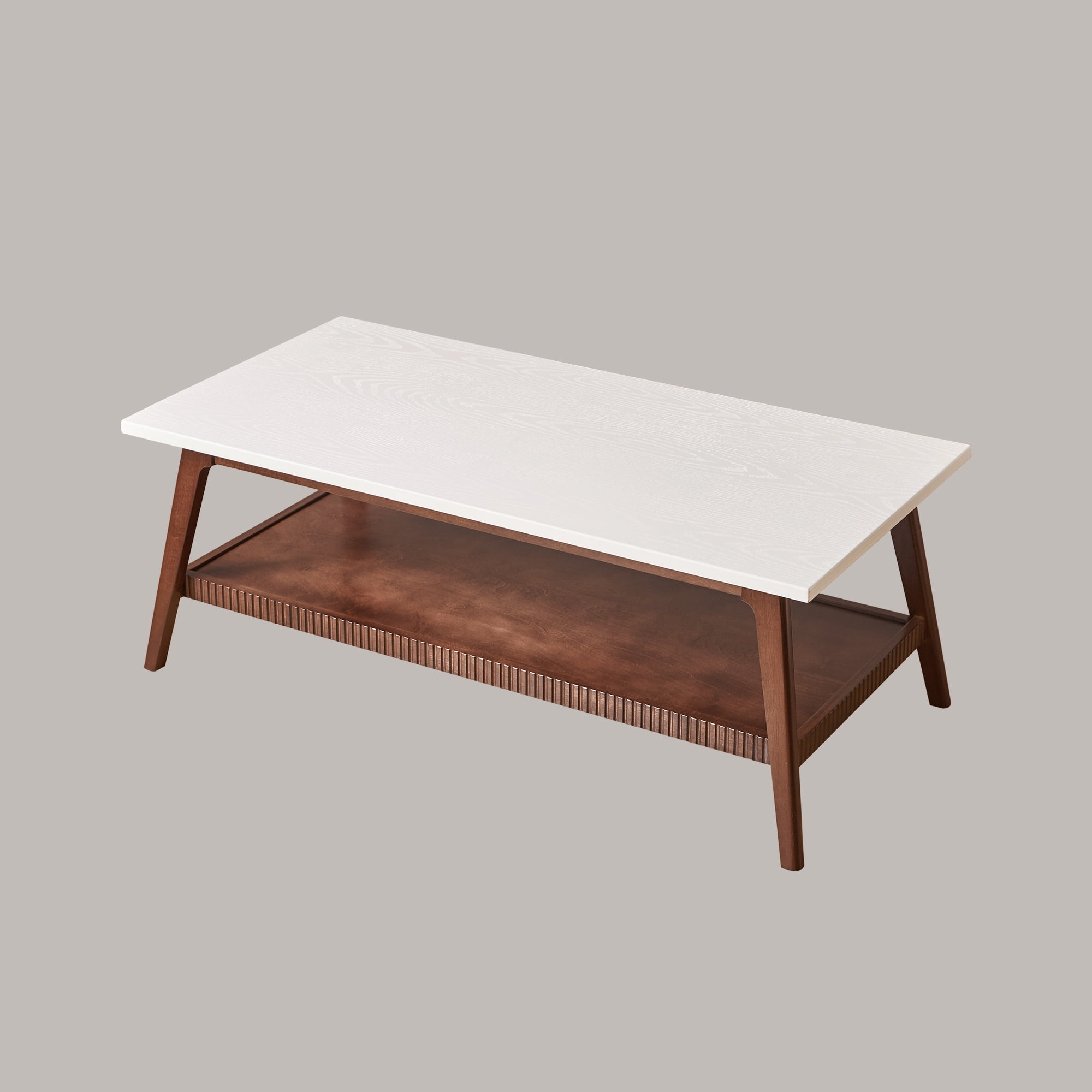 Garitin Coffee Table and Mid Century Modern Center Table 47.24 Inch, Two Tone Wooden Cocktail Table with Lower Storage Shelf for Living Room, Walnut and White