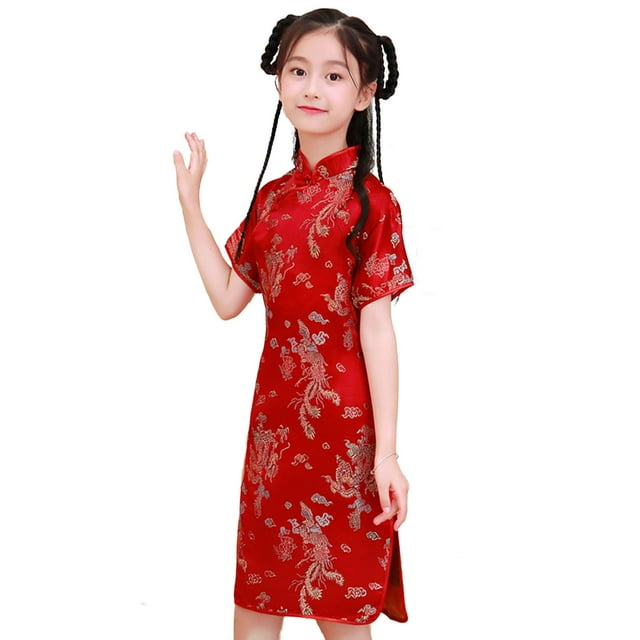 Trayknick Toddler Dress Exquisite Pattern Stand Collar Vivid Color Retro Style Super Soft Decorative Polyester Baby Girl Phoenix Print Cheongsams Dress for Club