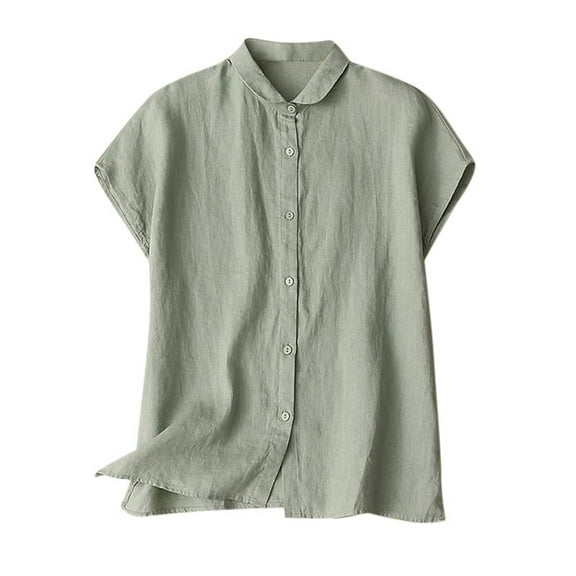 Linen Shirt for Women Short Sleeve Casual Loose Button down T-Shirt Lapel Neck Summer Beach Tops,Green,L