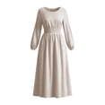 thumbnail image 3 of FRSASU Women's Long Sleeve Striped A Line Midi Dress Round Neck Smocked Elastic Waist Flowy Casual Daily Holiday Long Dress Beige, 3 of 8