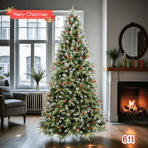 Tcbosik 6ft Artificial Christmas Tree with Warm White LED Lights, Artificial Xmas Tree with Red Berries, Pine Cones and 1593 Branch Tips, Indoor Holiday Decoration, Green & White